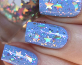 Adorno para esmalte de uñas con purpurina: "Cosmic Love". Estrellas y lunas holográficas plateadas con copos iridiscentes.