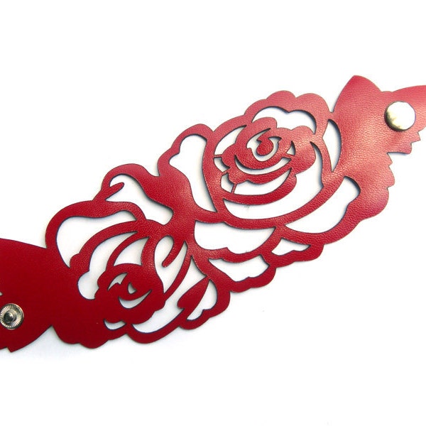 Womens leather bracelet - laser cut rose design in red leather