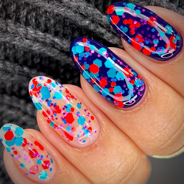 Glitter nail polish - Bright Young Things - A glitter topper with orange, teal, blue and fuchsia glitters.