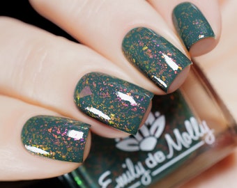 Nail polish - The Dragon King - A dark khaki nail polish filled with pink / orange / green iridescent flakes.