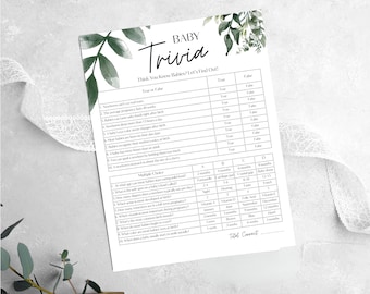 Baby Trivia Game for Baby Shower, Easy Quiz for Guests, Botanical Gender Neutral Style | GR1