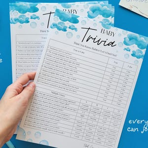 Baby Shower Printable Trivia Game, Blue Clouds and Bubbles Theme, Editable in Canva