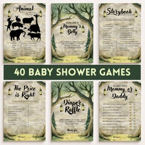 May include: A collection of six printed baby shower game cards featuring a woodland theme with trees, lanterns, and text. The cards include Animal Pregnancy Game, How Big is Mommy's Belly, Storybook Character Match, The Price is Right, Diaper Raffle, and Guess Who Mommy or Daddy.