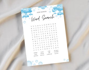 Jeu de recherche de mots pour bébé : thème bleu baby shower, modèle à imprimer pour un garçon ou une fête neutre | BL1