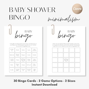 30 Baby Shower Bingo Cards, Baby Shower Games, Unique Prefilled Baby Bingo Game, Printable Bingo Card | Minimalist | Template | MM1