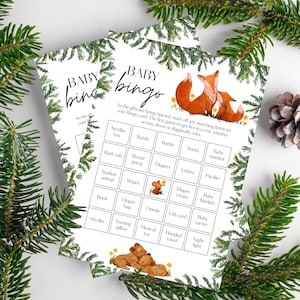 Baby Shower Bingo, Woodland Style, 50 Unique Pre-Filled Guest Game Cards