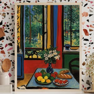 Framed Matisse Style Canvas Print: Colorful Kitchen Still Life
