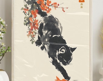 Japanese Black Cat Art Print: Sakura Tree, Minimalist Decor (Digital Download)