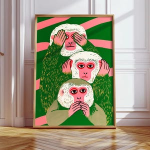 Three Wise Monkeys Art Print: Modern Japanese Folk Art (Digital Download)