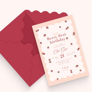 Berry First Birthday Invitation Template, First Birthday Template Canva Strawberry First Invitation For Girl Birthday