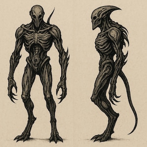 May include: Two detailed illustrations of humanoid creatures. The figures are dark with skeletal features, sharp claws, and elongated limbs. One is a full frontal view, the other in profile, both with a menacing appearance.