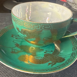 Vintage Japanese Dragon Teacup & Saucer – Hand Painted Gold Porcelain – Giftable