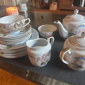 Vintage Kutani Japanese Porcelain Tea Set – Hand-Painted Mt. Fuji & Village Scene – Giftable