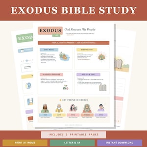 May include: A printable Exodus Bible Study guide with colorful illustrations and text. The pages include sections on Baby Moses, Burning Bush, Plagues & Passover, and Red Sea & Sinai. The guide also features key people in Exodus. The text includes "Print at Home" and "Instant Download."