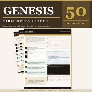 May include: A stack of Bible study guides with the title "Genesis" in large white letters. The guides are chapter-by-chapter study sheets, available as a printable PDF. The image includes the text "50 Chapters, 50 Pages."