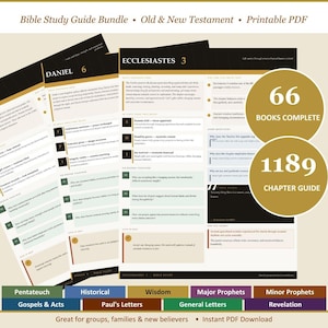 Op de afbeelding: Een Bijbelstudiegidsbundel met de tekst "Bible Study Guide Bundle • Old & New Testament • Printable PDF". De gids bevat secties over Daniël 6 en Prediker 3, met 66 boeken compleet en 1189 hoofdstukken. Voor groepen, families en nieuwe gelovigen.