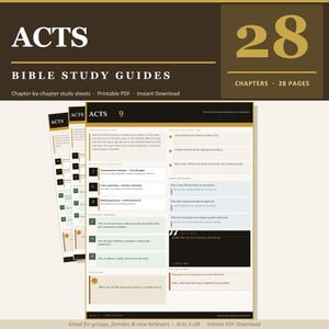 Könnte beinhalten: Ein Bibelstudienführer mit dem Titel "ACTS" mit dem Text "BIBELSTUDIENFÜHRER" und "Kapitelweise Studienblätter, druckbares PDF, sofortiger Download". Das Bild zeigt Studienblätter mit Kapitelzusammenfassungen und der Zahl 28. Der Leitfaden ist für Apostelgeschichte 1-28.