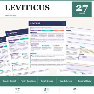 May include: A Bible study guide titled "Leviticus" with the text "Bible Study Guide" above the title. The image shows several pages with detailed information, including "Leviticus 1" and "Leviticus 2". The guide is designed for Sunday School, Family Devotions, Small Groups, New Believers, and Personal Study.