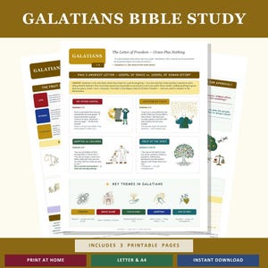 Może przedstawiać: Drukowany przewodnik do studiowania Biblii zatytułowany "Galatians Bible Study" z tekstem "The Letter of Freedom - Grace Plus Nothing". Przewodnik zawiera kluczowe tematy, ilustracje i tekst "Includes 3 Printable Pages."