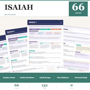 May include: A Bible study guide titled "ISAIAH" with the text "BIBLE STUDY GUIDE" above the title. The image shows several pages with text and graphics, including "ISAIAH 1" and "ISAIAH 2". The guide is for Sunday School, Family Devotions, Small Groups, New Believers, and Personal Study.