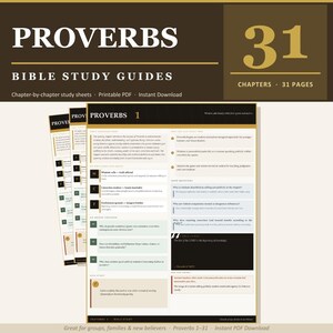 Könnte beinhalten: Bibelstudienführer mit dem Titel "PROVERBS", erhältlich als druckbares PDF. Die Kapitel-für-Kapitel-Studienblätter zeigen "31 Kapitel" und "31 Seiten". Das Design verwendet eine serifenbetonte Schrift in Braun- und Weißtönen.