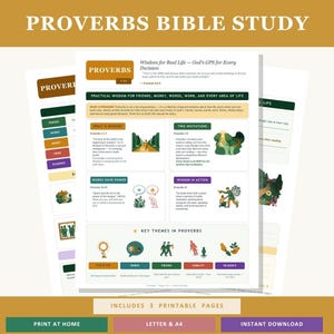 May include: A printable study guide titled "Proverbs Bible Study" with three pages. The pages feature text and illustrations about wisdom, friends, and key themes. The guide includes the text "Print at Home," "Letter & A4," and "Instant Download."
