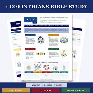 May include: A printable Bible study guide for 1 Corinthians, featuring key themes like the cross, unity, love, and resurrection. The guide includes 3 printable pages and is available for instant download.