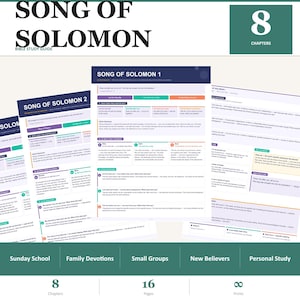 May include: A Bible study guide titled "Song of Solomon" with the text "Bible Study Guide" below the title. The guide includes pages with text and colourful highlights. The guide is for Sunday School, Family Devotions, Small Groups, New Believers, and Personal Study.