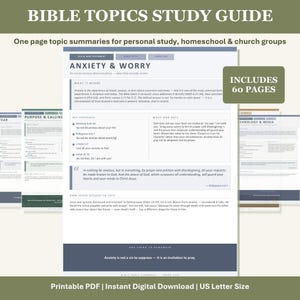 May include: A Bible Topics Study Guide with the title "Anxiety & Worry" is displayed. The guide includes key passages, what God says, and a summary. The text "Includes 60 Pages" is visible. The guide is available as a printable PDF in US Letter size.