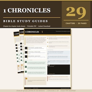 May include: A Bible study guide for 1 Chronicles, featuring chapter-by-chapter study sheets. The design includes the text "1 Chronicles" and "Bible Study Guides" in a dark brown and gold color scheme. The guide is available as a printable PDF.