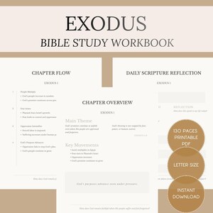 Pode incluir: Um caderno de estudo bíblico bege intitulado "EXODUS" com o texto "BIBLE STUDY WORKBOOK". O caderno inclui seções para o fluxo do capítulo, reflexão diária das Escrituras e visão geral do capítulo. Apresenta o texto "130 PÁGINAS PDF IMPRIMÍVEL", "TAMANHO CARTA" e "DOWNLOAD INSTANTÂNEO".