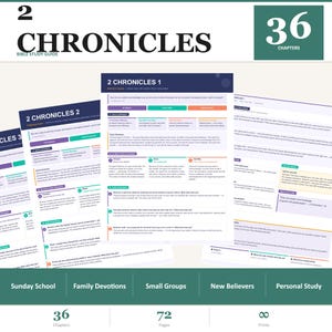 May include: A Bible study guide for 2 Chronicles, featuring a teal and white design. The guide includes 36 chapters, 72 pages, and 8 prints. It is designed for Sunday school, family devotions, small groups, new believers, and personal study.