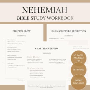 Pode incluir: Um caderno de estudo bíblico bege intitulado "NEHEMIAH" com seções para o fluxo do capítulo, visão geral e reflexão diária das Escrituras. Inclui detalhes de "50 PÁGINAS PDF IMPRIMÍVEIS" e "TAMANHO CARTA".