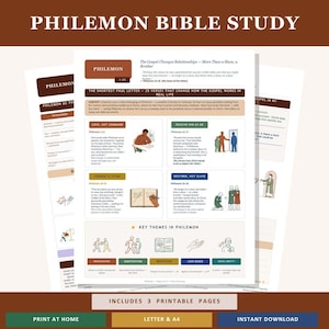 Pode incluir: Um guia de estudo bíblico imprimível sobre o livro de Filemon, com temas e versículos-chave. O design inclui três páginas com ilustrações e texto. O título "Philemon Bible Study" está no topo.