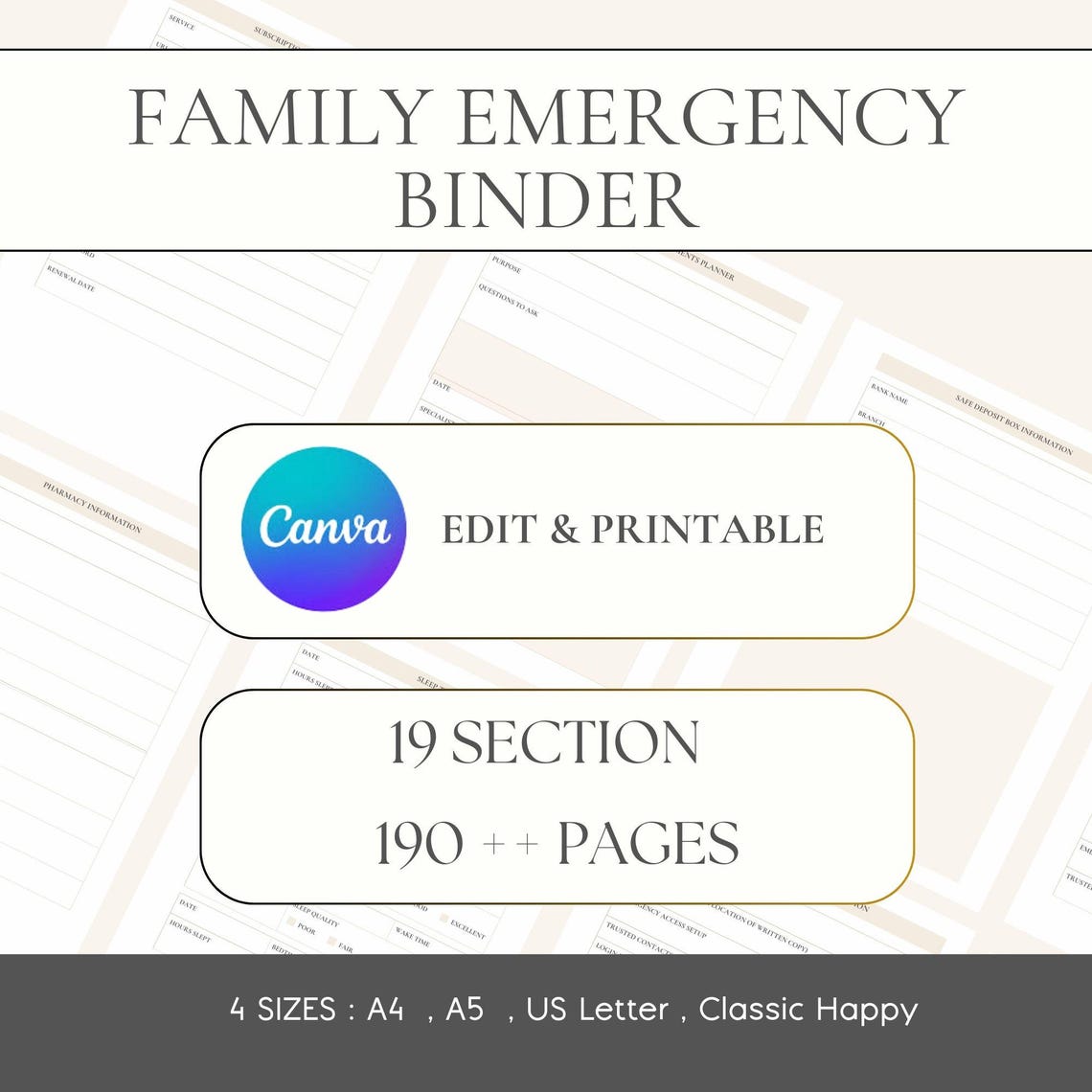 Family Emergency Binder Canva Template Editable Emergency Planner