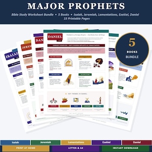 May include: A bundle of Bible study worksheets titled "Major Prophets." The image shows five books: Isaiah, Jeremiah, Lamentations, Ezekiel, and Daniel. The worksheets are printable and include 15 pages. The text includes "Print at Home" and "Instant Download."