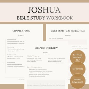 Può includere: Un quaderno di studio biblico beige intitolato "Joshua". Il quaderno include sezioni sul flusso dei capitoli, la riflessione quotidiana delle Scritture e la panoramica dei capitoli. Presenta il testo "83 pagine PDF stampabili", "Formato lettera" e "Download istantaneo".