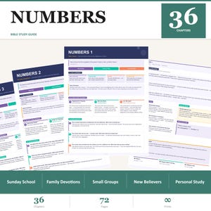 May include: A Bible study guide titled "Numbers" with the text "Bible Study Guide" above the title. The guide includes 36 chapters, 72 pages, and 8 prints. The guide is for Sunday School, Family Devotions, Small Groups, New Believers, and Personal Study.