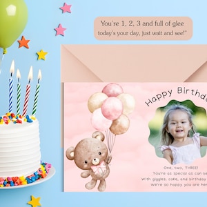 Carte pour le 3e anniversaire d'une fille modifiable sur Canva – anglais-français | Carte de voeux A5-A6 pour enfants | Modèle numérique à téléchargement immédiat pour fille