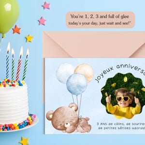 Tarjeta de 3.er cumpleaños para niño editable en Canva (inglés y francés) / Tarjeta de felicitación infantil (tamaño A5-A6) / Plantilla digital de descarga instantánea para niño