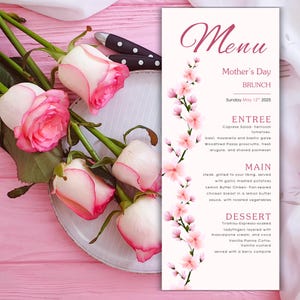 Modèle imprimable de carte de menu de la fête des mères, fleurs sauvages, dîner floral moderne à télécharger pour maman, champagne et brunch modifiables, avec Canva
