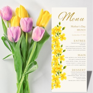 Carte de menu pour la fête des mères, modèle floral jaune imprimable, mousseux mimosa et brunch pour maman, modifiable, déjeuner dîner dîner moderne à télécharger, avec toile