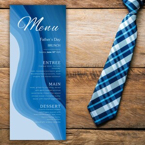 de menu pour la fête des pères | Brunch élégant bleu à imprimer | Grande carte de menu | Modèle de toile modifiable | Téléchargement instantané