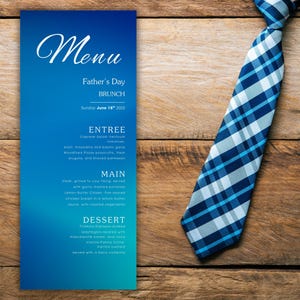 de menu pour la fête des pères | Brunch élégant bleu à imprimer | Grande carte de menu | Modèle de toile modifiable | Téléchargement instantané
