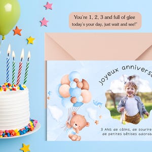 Carte pour le 3e anniversaire d'un garçon, modifiable sur Canva – anglais et français | Carte de voeux A5-A6 pour enfants | Modèle numérique à téléchargement immédiat pour garçon