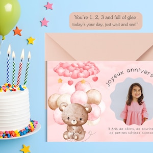 Carte pour le 3e anniversaire d'une fille modifiable sur Canva – anglais-français | Carte de voeux A5-A6 pour enfants | Modèle numérique à téléchargement immédiat pour fille