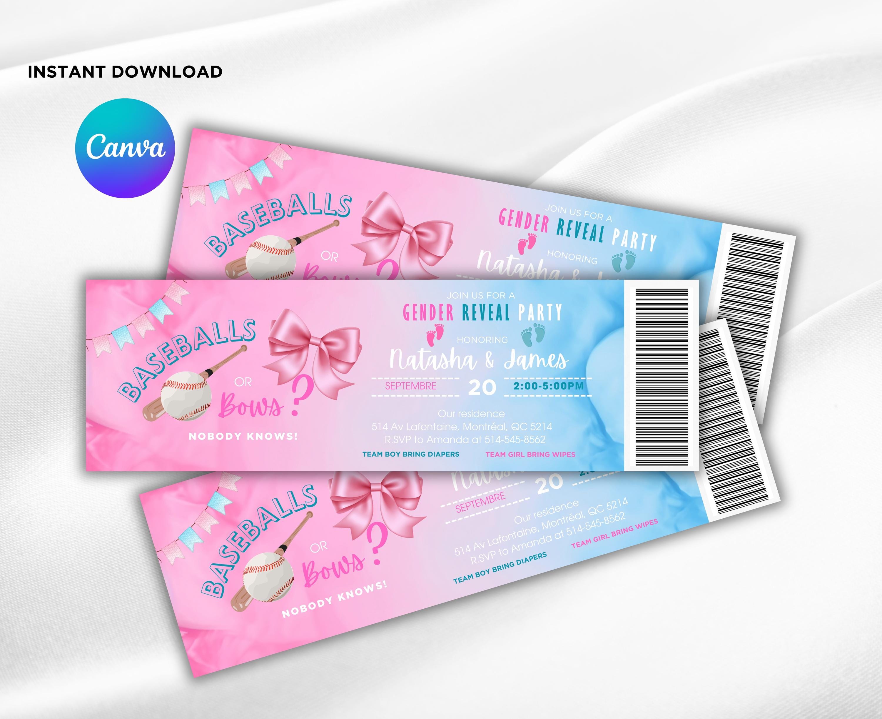 Editable Baseballs or Bows Gender Reveal ticket Invitation | Digital template | Baseball or bows Invitation | Blue or Pink | Printable