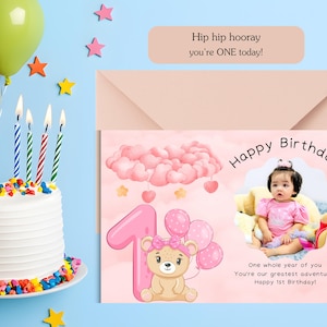Tarjeta de primer cumpleaños en francés e inglés / Plantilla editable de Canva / Tarjeta imprimible A5/A6 / "Un an de bonheur" + Frase tierna / Descarga instantánea