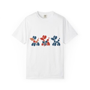 Women&#39;s 4th of July Balloon Dog T-shirt, Independence Day Tee, Patriotic Shirt, July 4th Celebration Top, Red White Blue Clothing