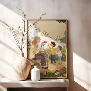 Fijne Moederdagcadeau - Leuke geïllustreerde Moederdaggroet met kinderen en bloemen - afdrukbare kaart voor moeder